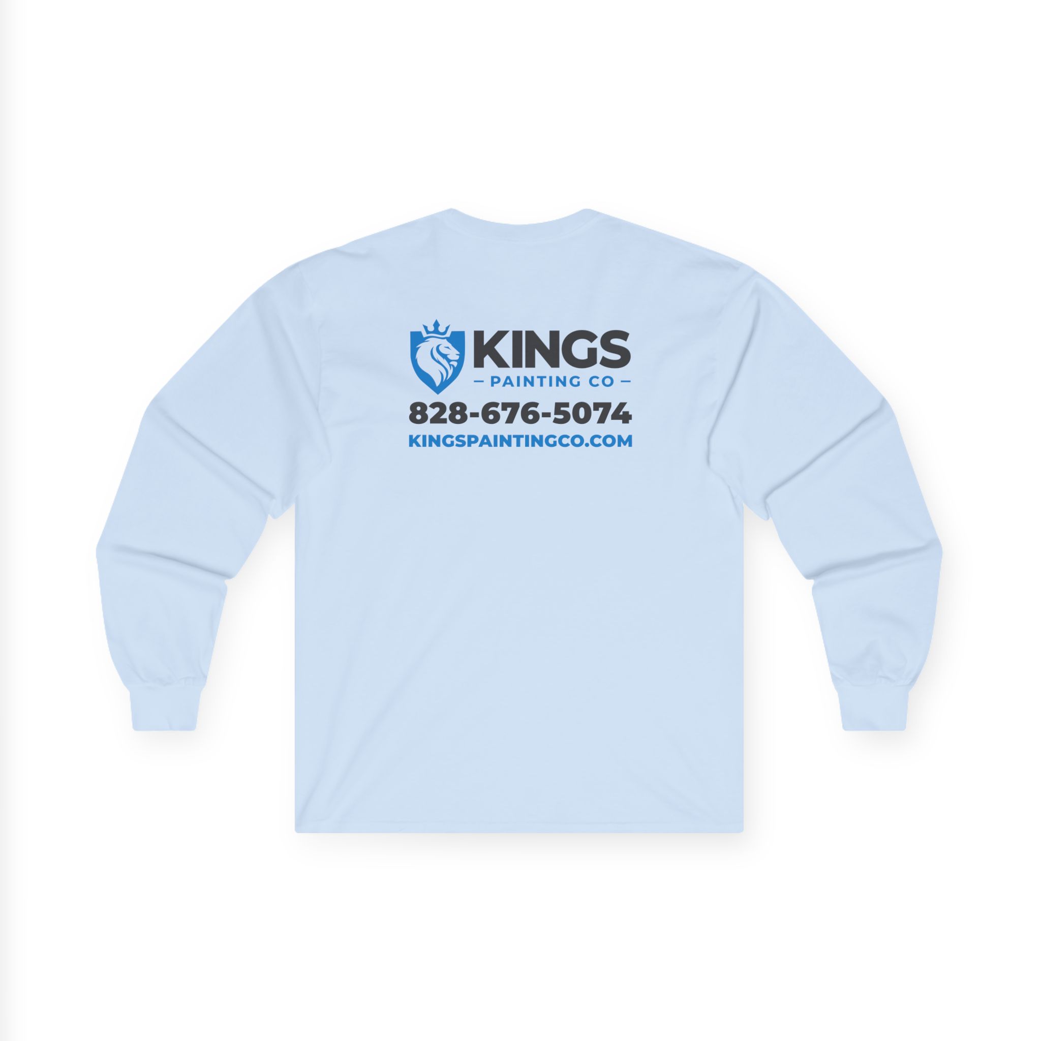 Kings Painting Co. Long Sleeve Tee (Gildan 2400) in light blue, featuring the company name, phone number, and website printed on the back in blue and black text along with a blue lion logo.