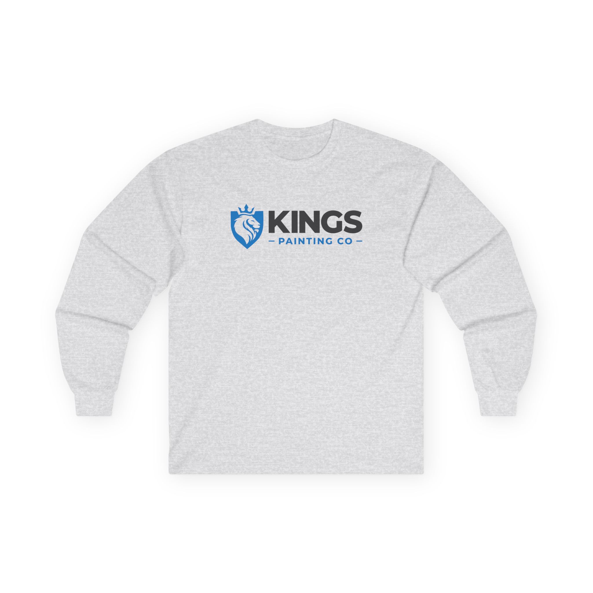 Kings Painting Co. Long Sleeve Tee (Gildan 2400) in light gray, featuring a blue and black KINGS PAINTING CO logo with a lion head and paintbrush mane graphic on the chest.