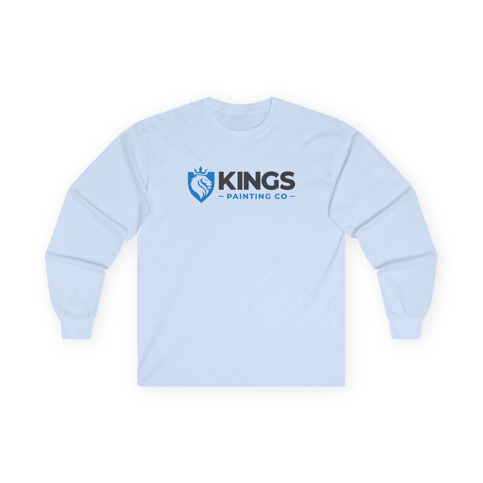 Kings Painting Co. Long Sleeve Tee (Gildan 2400) in light blue featuring KINGS PAINTING CO and a blue lion shield logo printed on the chest, with ribbed cuffs and a crew neck.