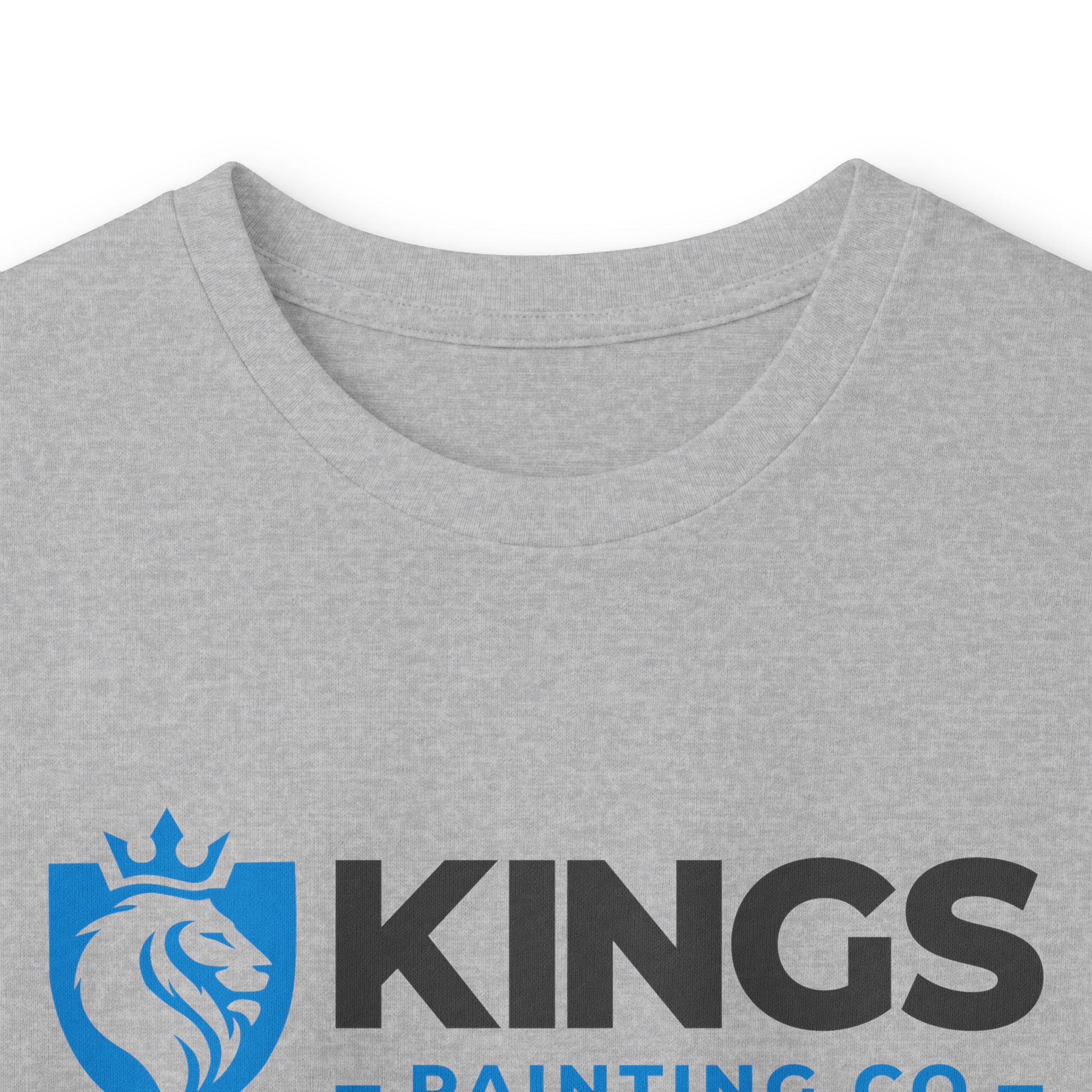 A close-up of the Kings Painting Co. Long Sleeve Tee (Gildan 2400) in gray showcases a blue lion crest and bold black KINGS PAINTING CO. text printed across the chest.